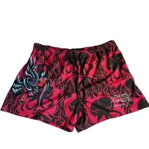 Ed Hardy Mesh Shorts XL Pink Black Flame Panther DragonTattoo Print Logo